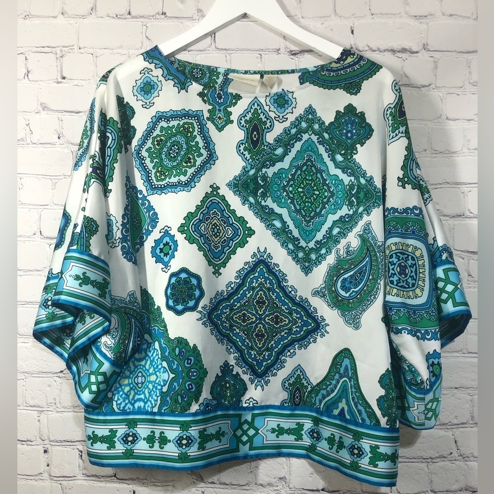 Chico’s blouse green and blue, white